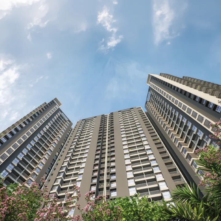 Upward view of Mangalam Momento residential towers