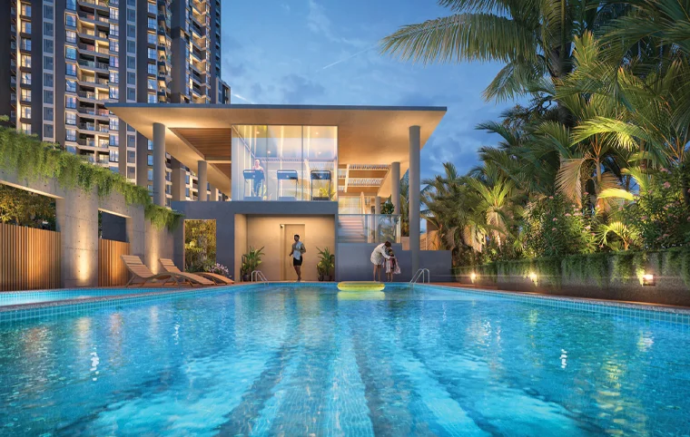 Swimming pool and landscaped spaces at Mangalam Momento