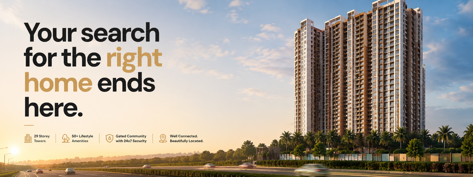 Mangalam Momento towers with the message: Your search for the right home ends here